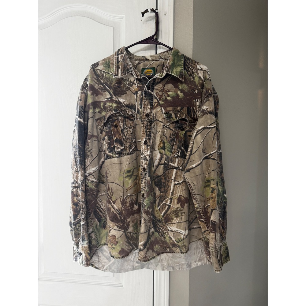 Vtg Cabelas RealTree Camo Heavyweight Button Up Shirt Gorpcore Utility Grunge XL